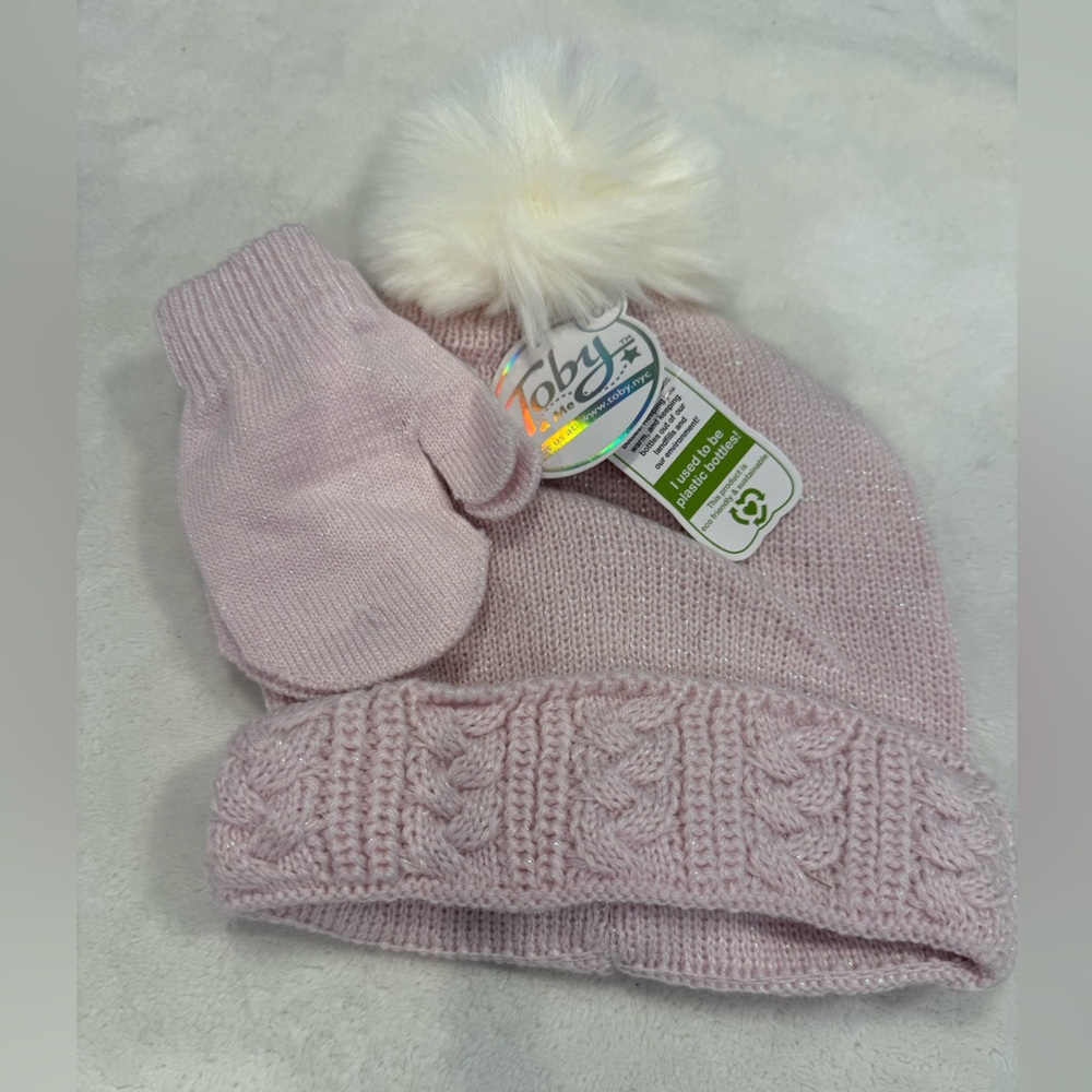 Toby toddler pink metallic beanie & mitten set white pom pom braided knit trim